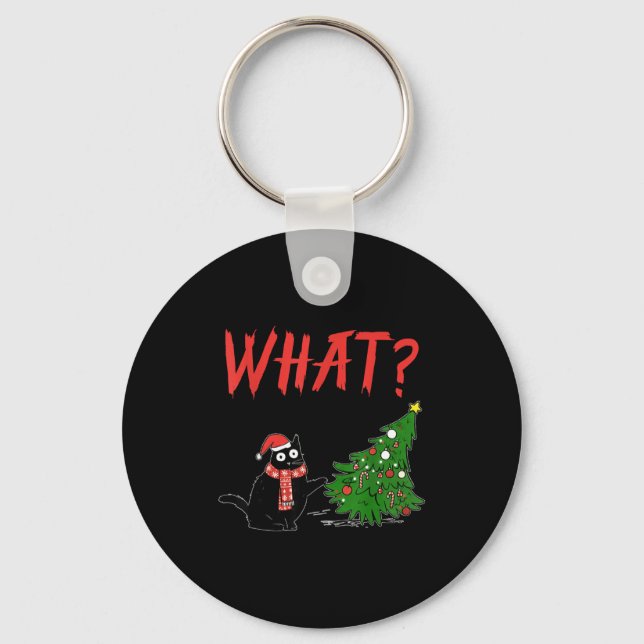 Porte-clés Funny Black Cat Gift Pushing Christmas Tree Over C (Recto)