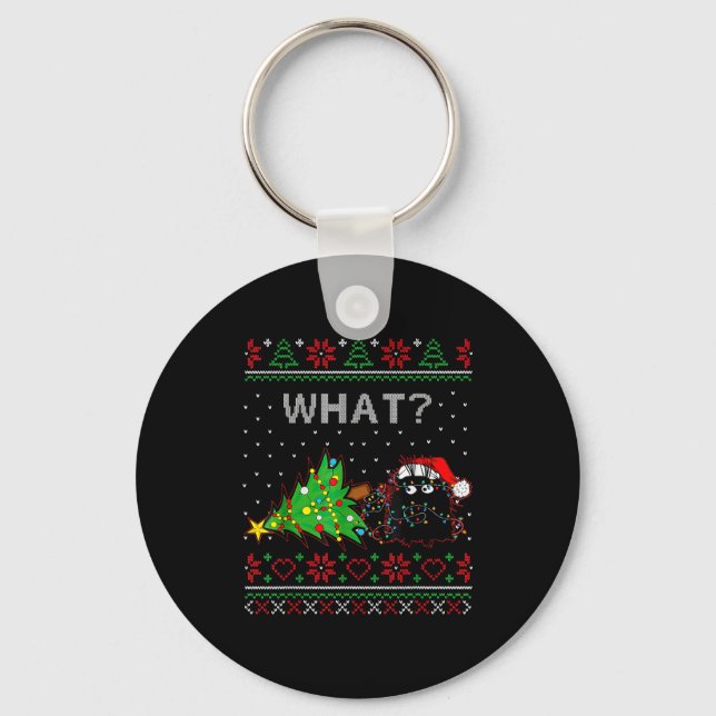 Porte-clés Funny Black Cat Gift Pushing Christmas Tree Over C (Recto)
