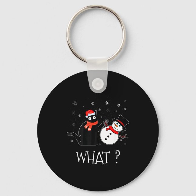 Porte-clés Funny Black Cat Pushing Snowman Christmas Winter C (Recto)