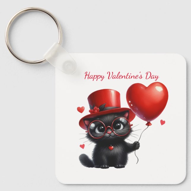 Porte-clés Funny Black Cat With Balloons Valentine's Day (Recto)
