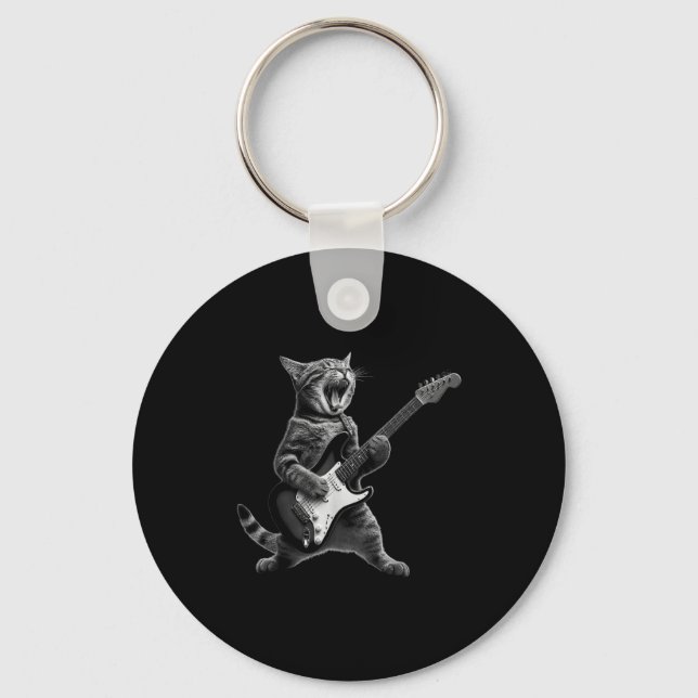 Porte-clés Funny Cat Playing Guitar Rock And Roll Men Women K (Recto)