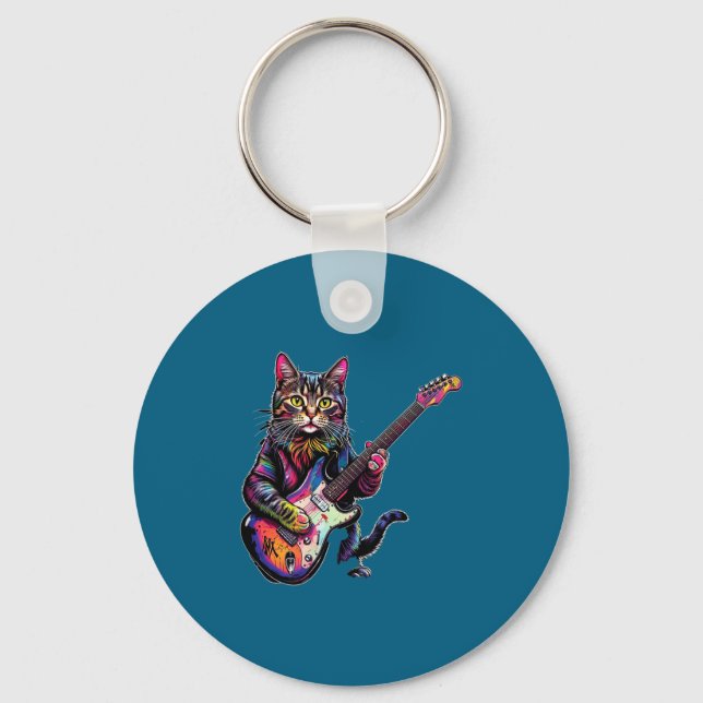Porte-clés Funny Cat Playing Guitar Rock And Roll Men Women K (Recto)