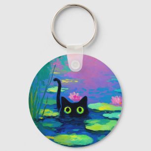 Porte-clés Funny Chat noir nager dans l'étang L'art bizarre