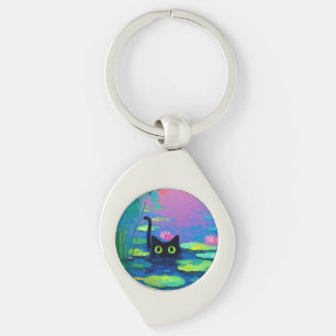 Porte-clés Funny Chat noir nager dans l'étang L'art bizarre