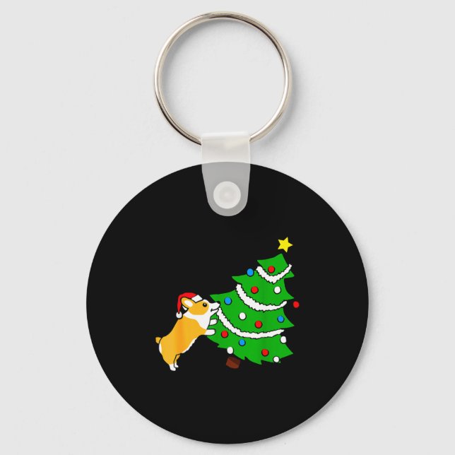 Porte-clés Funny Corgi Pushing Christmas Tree Xmas Dog Mom  (Recto)