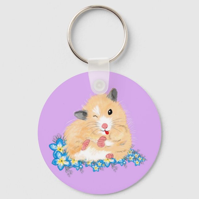 Porte-clés Funny Golden Syrian hamster sitting in flowers (Recto)
