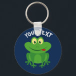 Porte-clés Funny green frog cartoon keychain for kids<br><div class="desc">Funny green frog cartoon keychain personalized with kid's name. Cute key chain design for children's Birthday party. Make one for son,  daughter,  grandson,  brother,  child etc. Forest animal illustration for children. Customizable background color. Fun typography.</div>