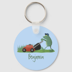 Porte-clés Funny green frog mowing lawn cartoon