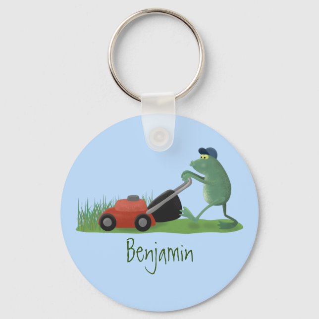 Porte-clés Funny green frog mowing lawn cartoon (Recto)