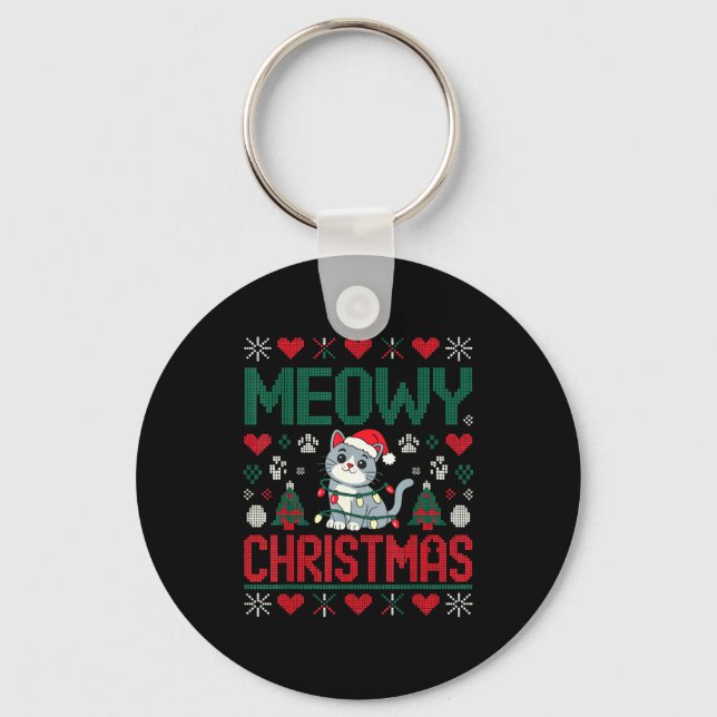 Porte-clés Funny Meowy Christmas Ugly Xmas Cute Lights Cat Sa (Recto)
