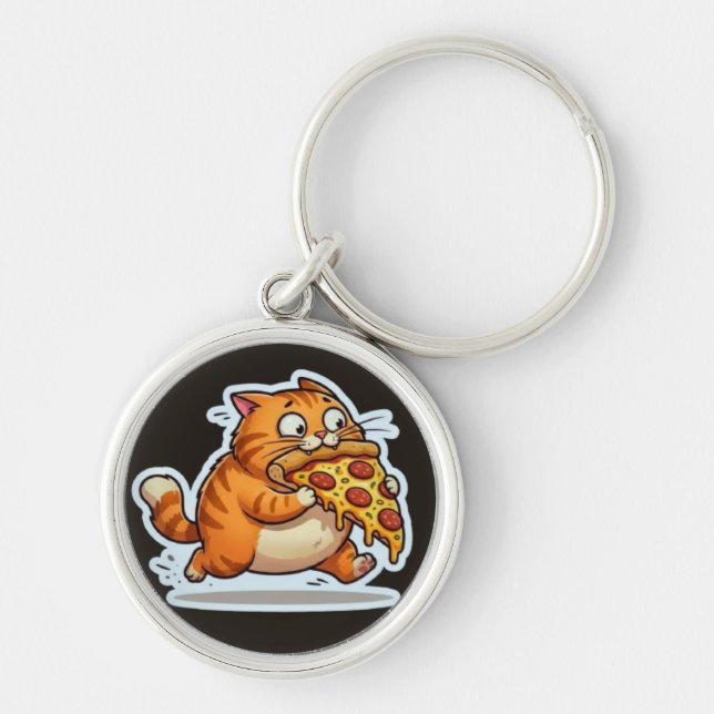 Porte-clés Funny Orange Cat Eating Pizza Graphic (Devant)