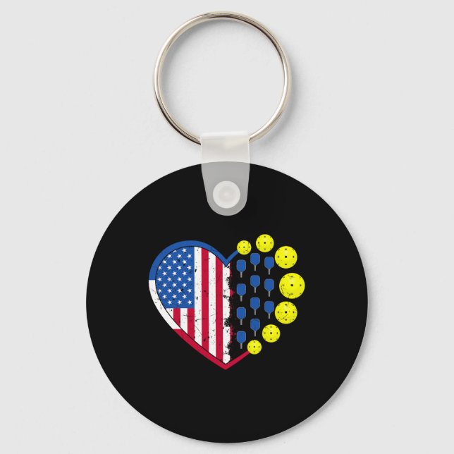 Porte-clés Funny Pickleball Ball avec American Flag Heart 4e (Recto)