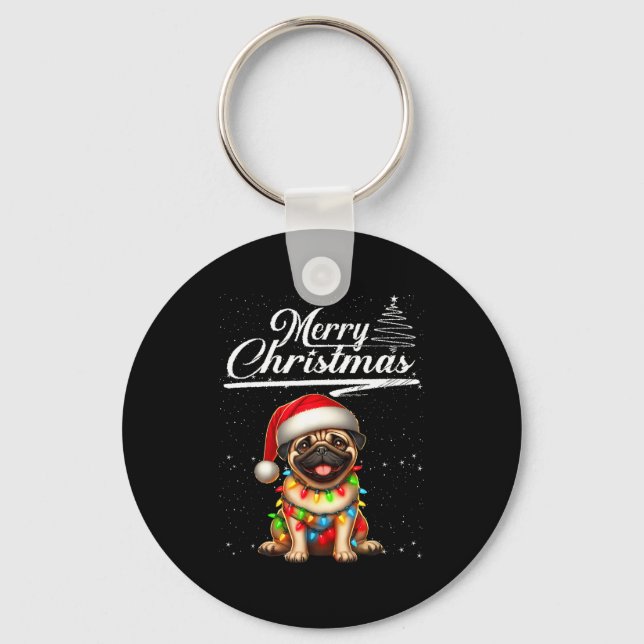 Porte-clés Funny Pug Dog Christmas Lights Santa Hat Candy Can (Recto)