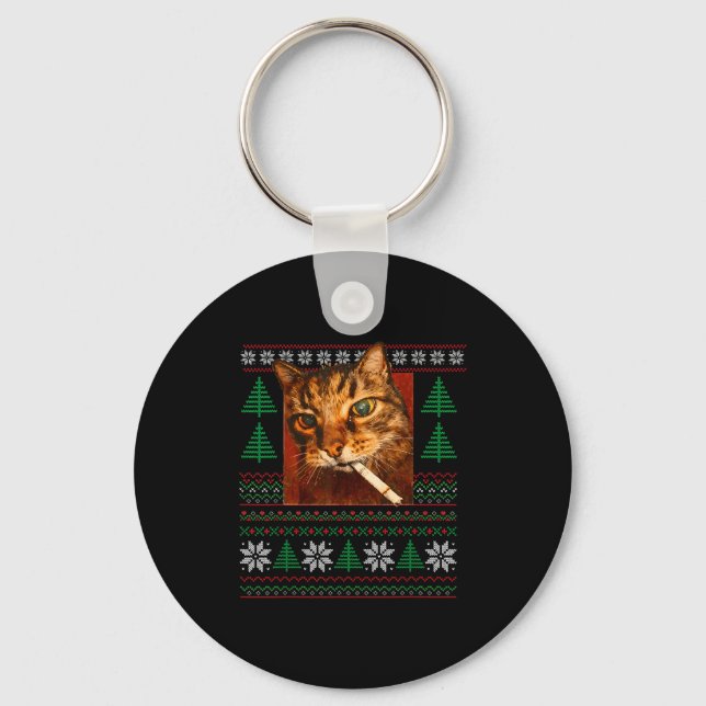 Porte-clés Funny Smoking Cat Meme Christmas Ugly  (Recto)