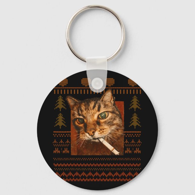 Porte-clés Funny Smoking Cat Meme Christmas Ugly For Men Wome (Recto)