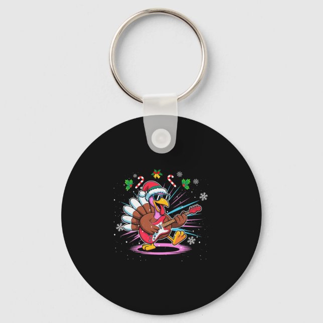 Porte-clés Funny Thanksgiving Santa Hat Turkey Rock Star Play (Recto)