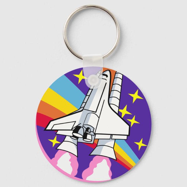 Porte-clés fusée arc-en-ciel rose badge (Recto)