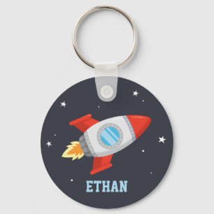 Porte-clés Fusée rouge et grise dans l'espace, nom de l'enfan