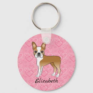 Porte-clés Fwn Boston Terrier Chien Sur Coeurs Rose Et Nom