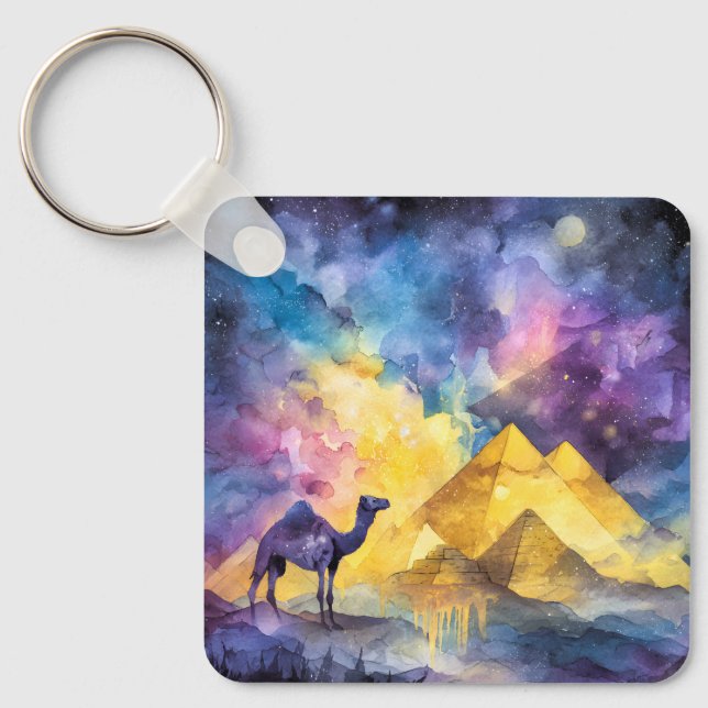 Porte-clés Galaxie du désert à l'aquarelle Chameau Pyramide V (Recto)