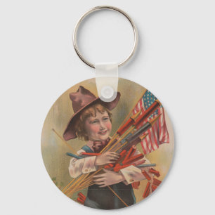 Porte-clés Garçon avec Feux d'Artifice, Drapeau Américain, Im