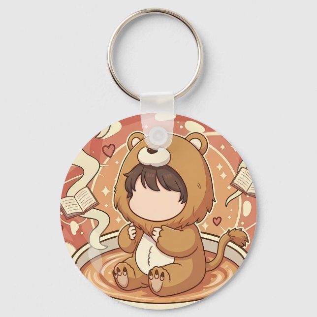 Porte-clés Garçon Lion Mignon Buvant du Café (Recto)