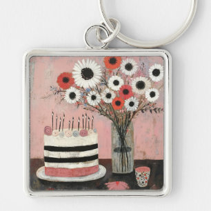 Porte-clés Gâteau d'anniversaire chic et fleurs de Gerbera
