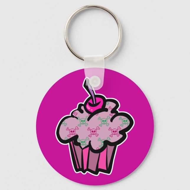 Porte-clés gâteau rose punk crâne os croisés (Recto)