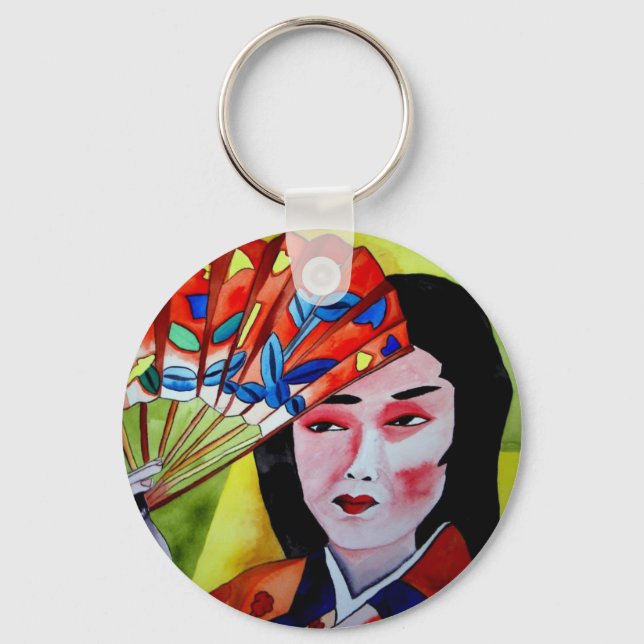 Porte-clés Geisha japonais avec ventilateur aquarelle origina (Recto)