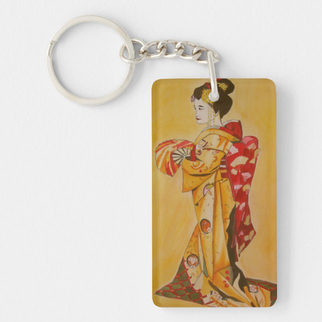 Porte-clés Geisha japonais en kimono rouge et or (Devant)