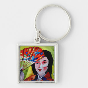 Porte-clés Geisha japonaise avec éventail aquarelle oeuvre d'
