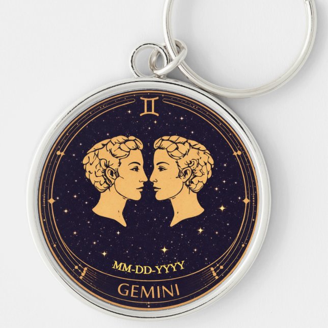 Porte-clés Gemini Zodiac Keychain with Birth Date (Devant)