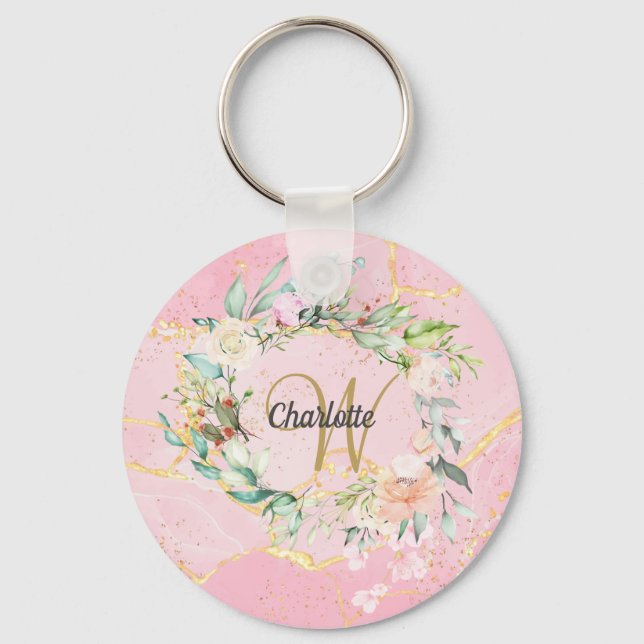 Porte-clés Géode Floral Agate Gold Script Monogramme (Recto)