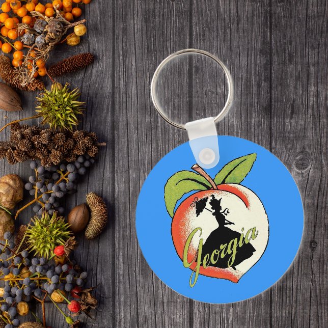 Porte-clés Georgia Peach Porte - clé (Southern bell lady silhouette on peach with Text Georgia on vibrant blue keychain.)