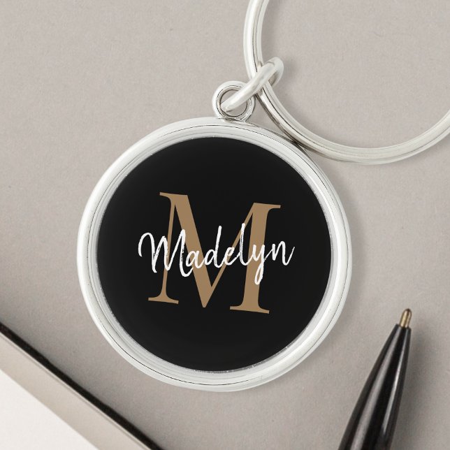 Porte-clés Girl Black Gold Monogramme Nom Élégant Script chic (Personalized black gold keychain with your name and initials in a modern girly script font.)