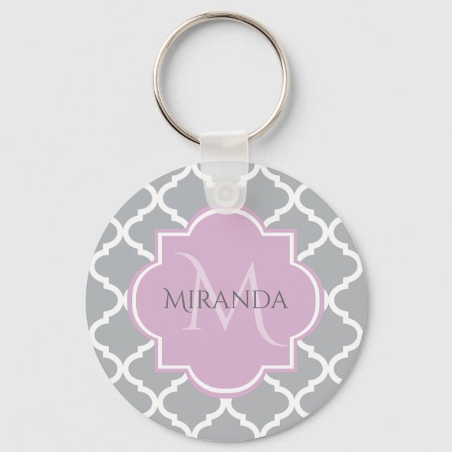 Porte-clés Girl Grey Quatrefoil Lavender Monogramme et nom (Recto)