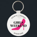 Porte-clés Girls Weekend trip travel destination stiletto<br><div class="desc">Girls Weekend trip travel destination stiletto keychain. Glamorous girly design with elegant typography and neon pink high heel shoe silhouette. Fun for bachelorette party,  bridal shower,  Birthday,  wedding,  girls night out,  ladies getaway,  group vacation,  travel friends,  etc. Create one for friends,  family,  bride,  bridesmaids,  crew,  team etc.</div>