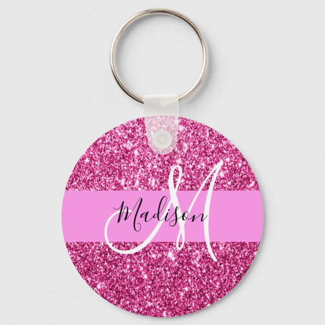 Porte-clés Girly and Glam Hot Pink Glitter Sparkles Monogram (Recto)