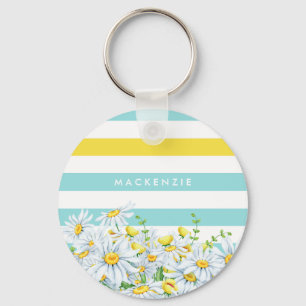 Porte-clés Girly Aqua Stripes avec marguerites jaunes et nom