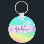 Porte-clés Girly Colorful Unicorn Rainbow Hearts Monogram<br><div class="desc">Girly and cute keychain with a colorful aqua,  turquoise,  blue,  green,  yellow,  pink and peach unicorn rainbow hearts sparkly background. Your custom name and monogram are written in an elegant hand lettered script with a lilac purple unicorn paint brush strokes stripe background. A perfect birthday or Christmas gift!</div>