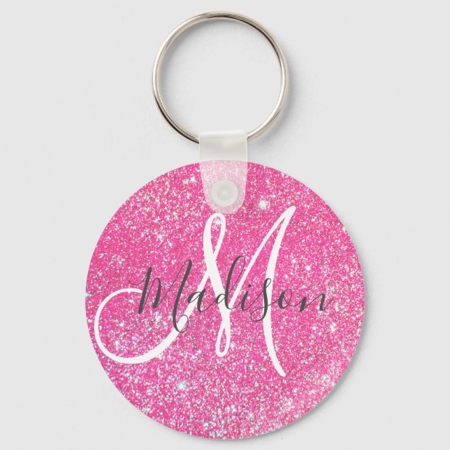 Porte-clés Girly Glam Hot Pink Glitter Sparkles Monogram Name (Recto)