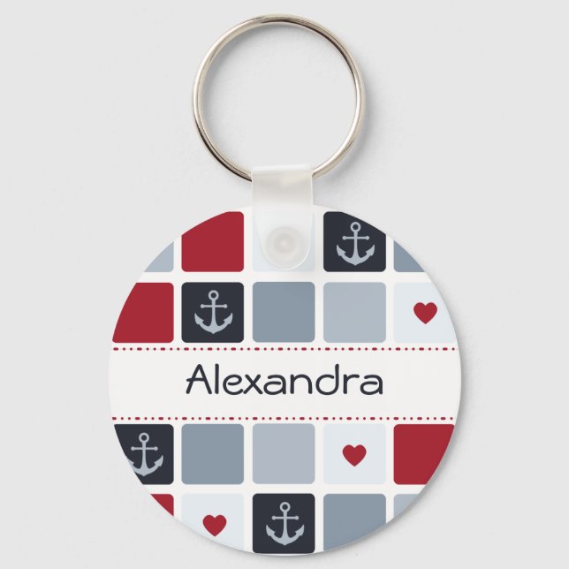 Porte-clés Girly Marine et Red Ancre Motif de coeur avec nom (Recto)