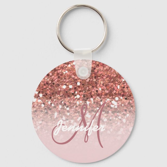 Porte-clés Girly Rose Gold Glitter Sparkles Monogram Name (Recto)