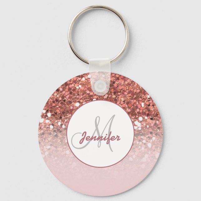 Porte-clés Girly Rose Gold Glitter Sparkles Monogram Name (Recto)
