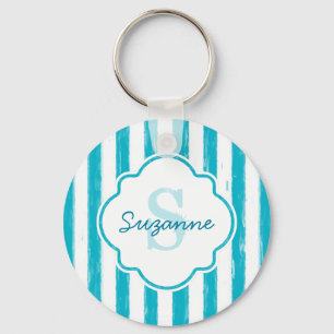 Porte-clés Girly Turquoise Peint Stripes Monogramme et nom