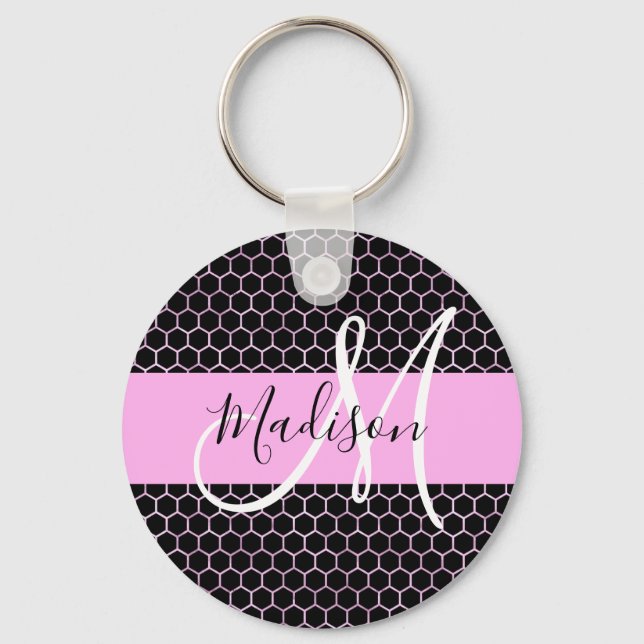 Porte-clés Glam Black Metallic Rose Nid d'abeille Monogramme  (Recto)