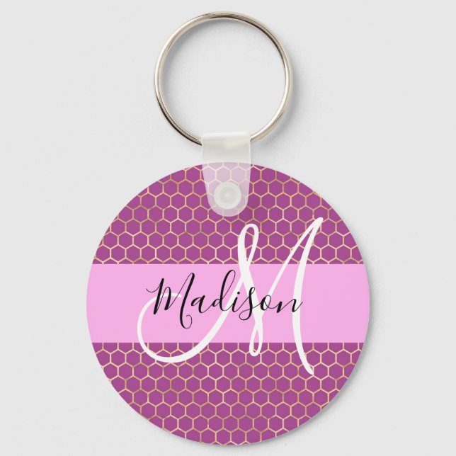 Porte-clés Glam Fuchsia Métallic Rose Nid d'abeille Monogramm (Recto)