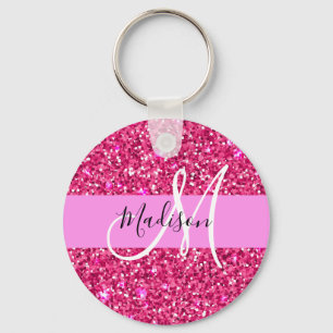 Porte-clés Glam Girly Rose Chaud Paillettes Nom Monogramme