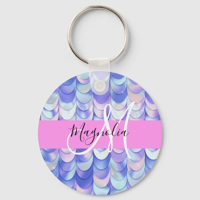 Porte-clés Glam Iridescent Écailles de Sirène Monogramme Nom (Recto)
