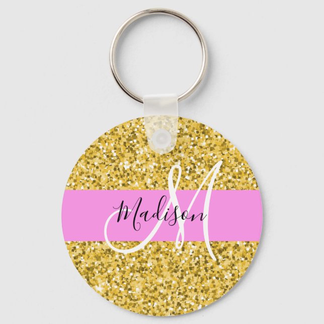 Porte-clés Glam Pink and Gold Glitter Sparkles Monogram Name (Recto)